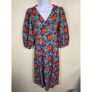 Louche London Enver Bright Pansy Boho Midi Dress Women size 8 V-Neck Puff Sleeve
